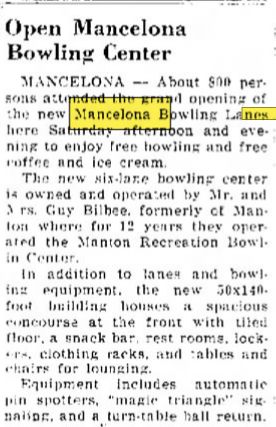 Mancelona Lanes - March 1960 Opening Announcement (newer photo)